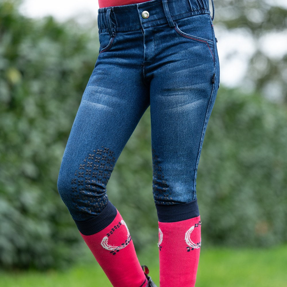 Pantalon d'équitation enfant Aymee Denim – basanes silicone Bleu foncé ambiance