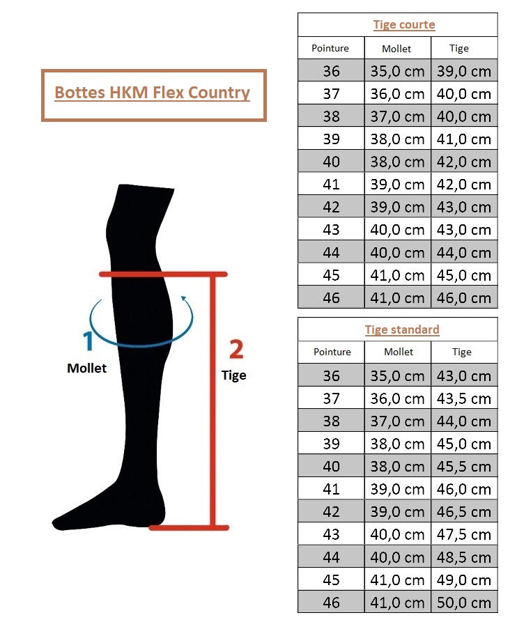 Tableau des tailles pour les bottes d'équitation doublées de fourrure synthétique HKM Flex Country