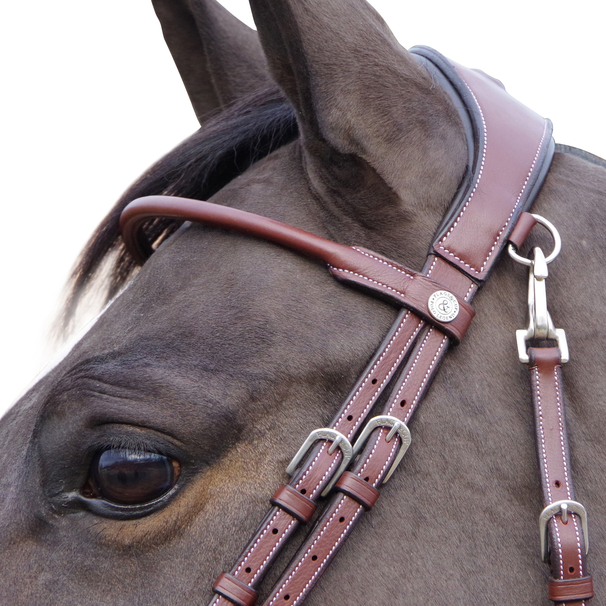 Bridon avec muserolle pull back pour poneys et chevaux Flags and Cup Madrid marron porté détail