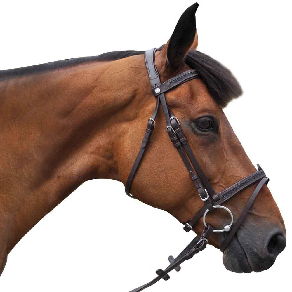 Bridon en cuir avec muserolle combinée pour poneys et chevaux Canter Black Strass marron