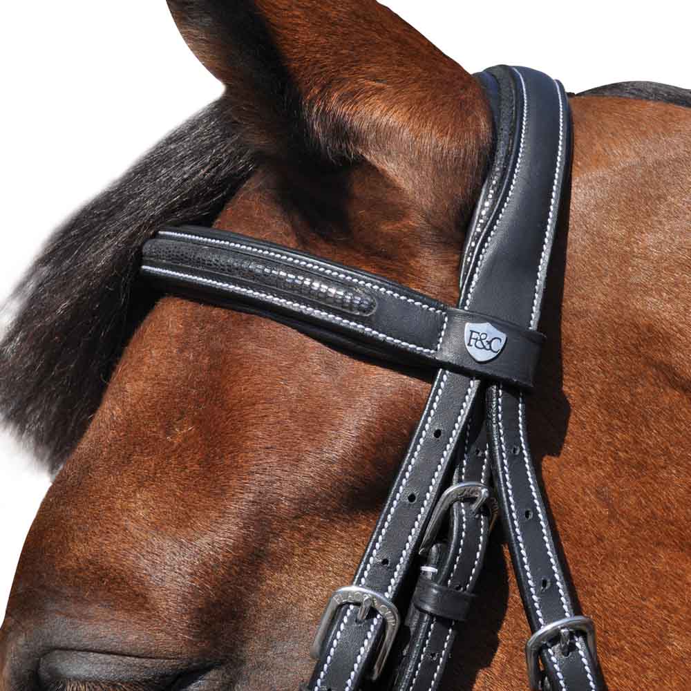 Bridon en cuir naturel pour poneys et chevaux Flags&Cup Helsinki noir détail frontal
