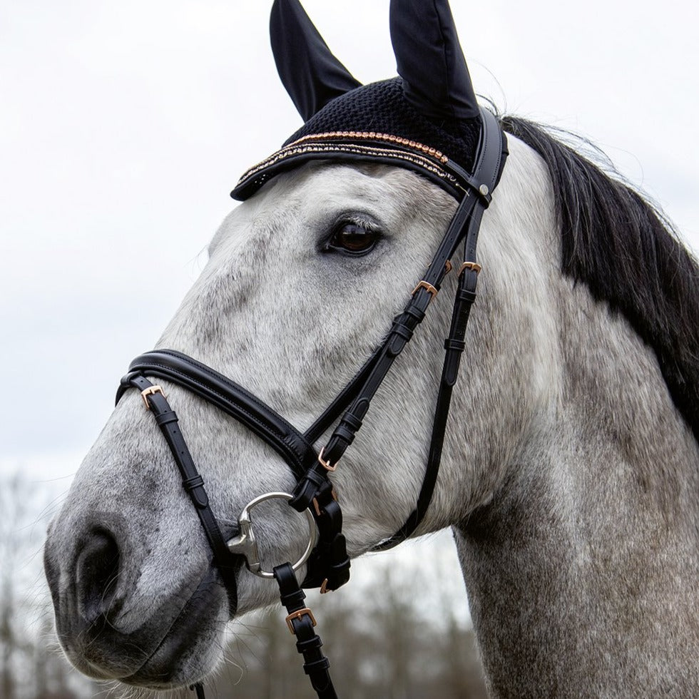 Bridon pour poneys et chevaux HKM Glamour cuir noir et bouclerie rosegold