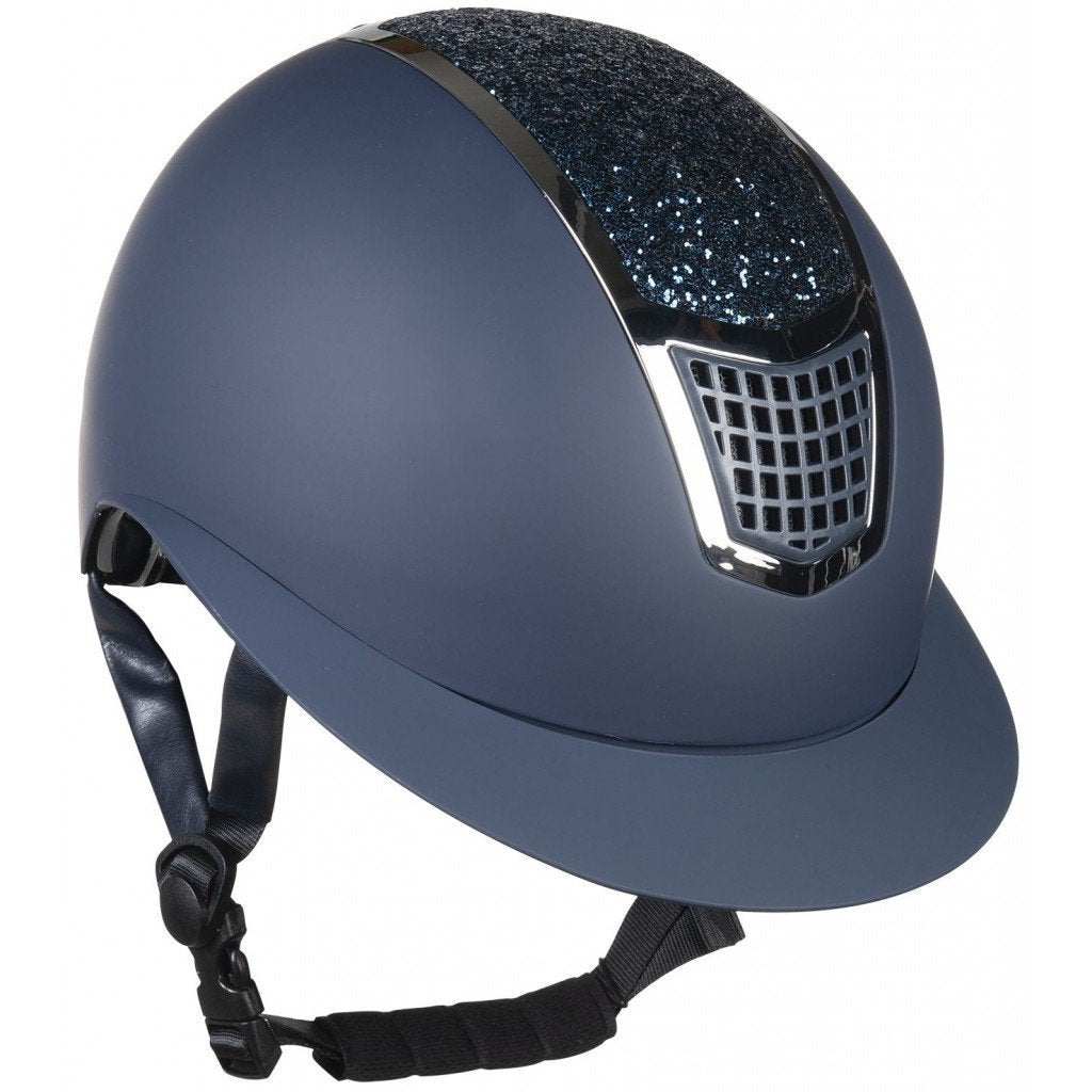 Casque d'équitation pour cavalières HKM Glamour Shield visière large marine et liseré argent