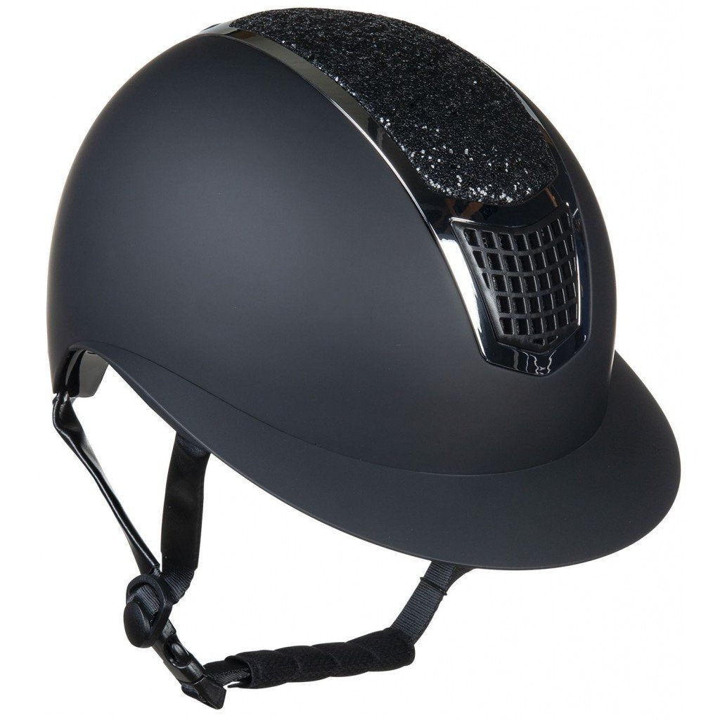 Casque d'équitation pour cavalières HKM Glamour Shield visière large noire et liseré argent