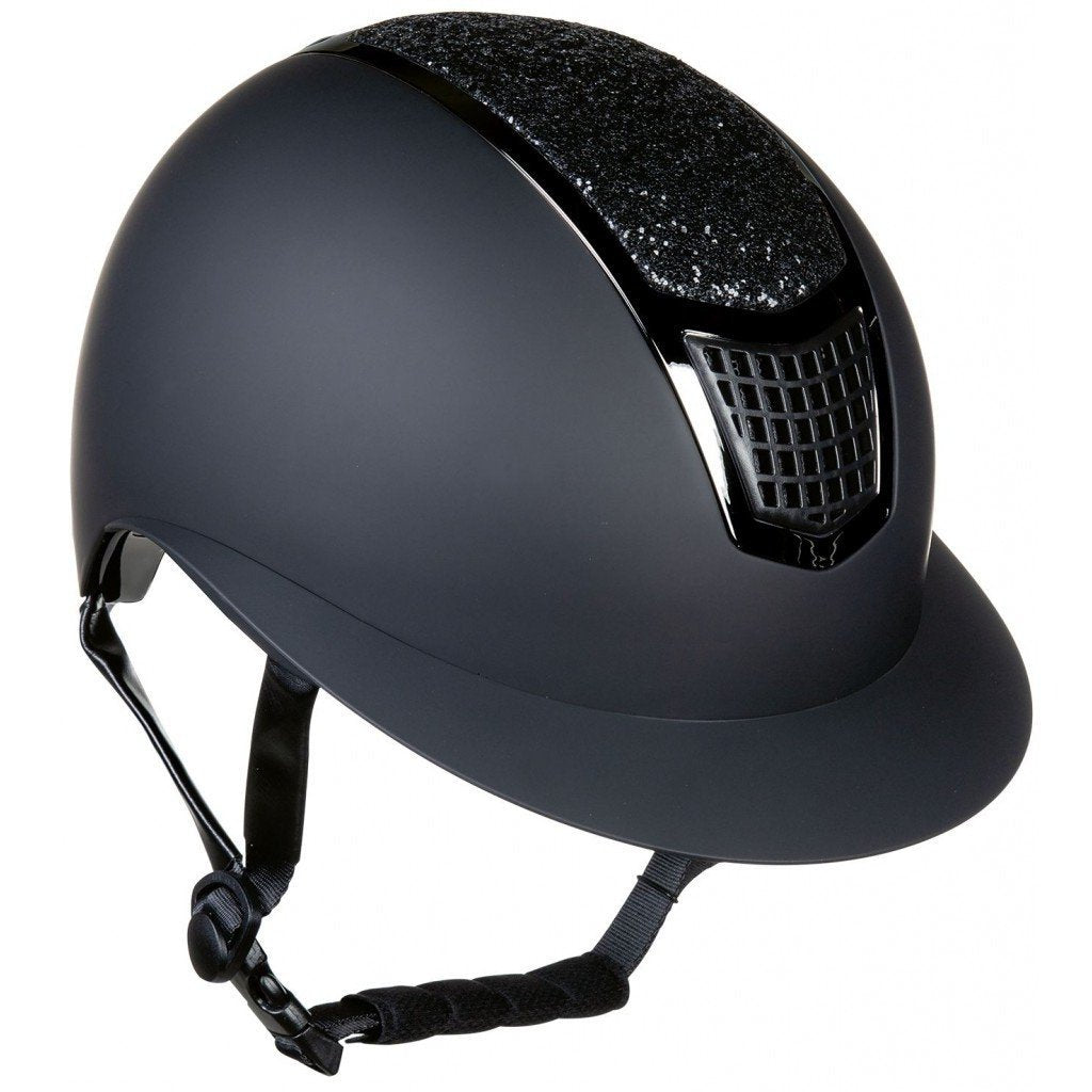 Casque d'équitation pour cavalières HKM Glamour Shield visière large noire et liseré noir