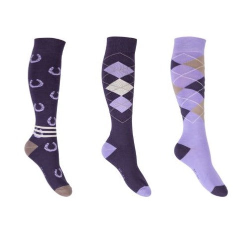 Chaussettes d'équitation HKM Cardiff violet et lilas par 3