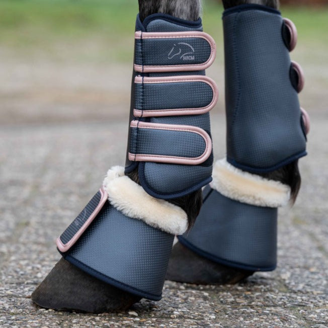 Cloches avec bordure en mouton synthétique pour poneys et chevaux HKM Rosegold Glamour marine