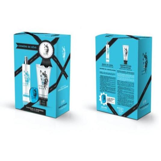 Coffret contenant un shampooing et une huile de soin Jump Your Hair et la brosse démêlante offerte