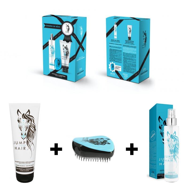 Coffret contenant un shampooing et une huile de soin Jump Your Hair et la brosse démêlante offerte