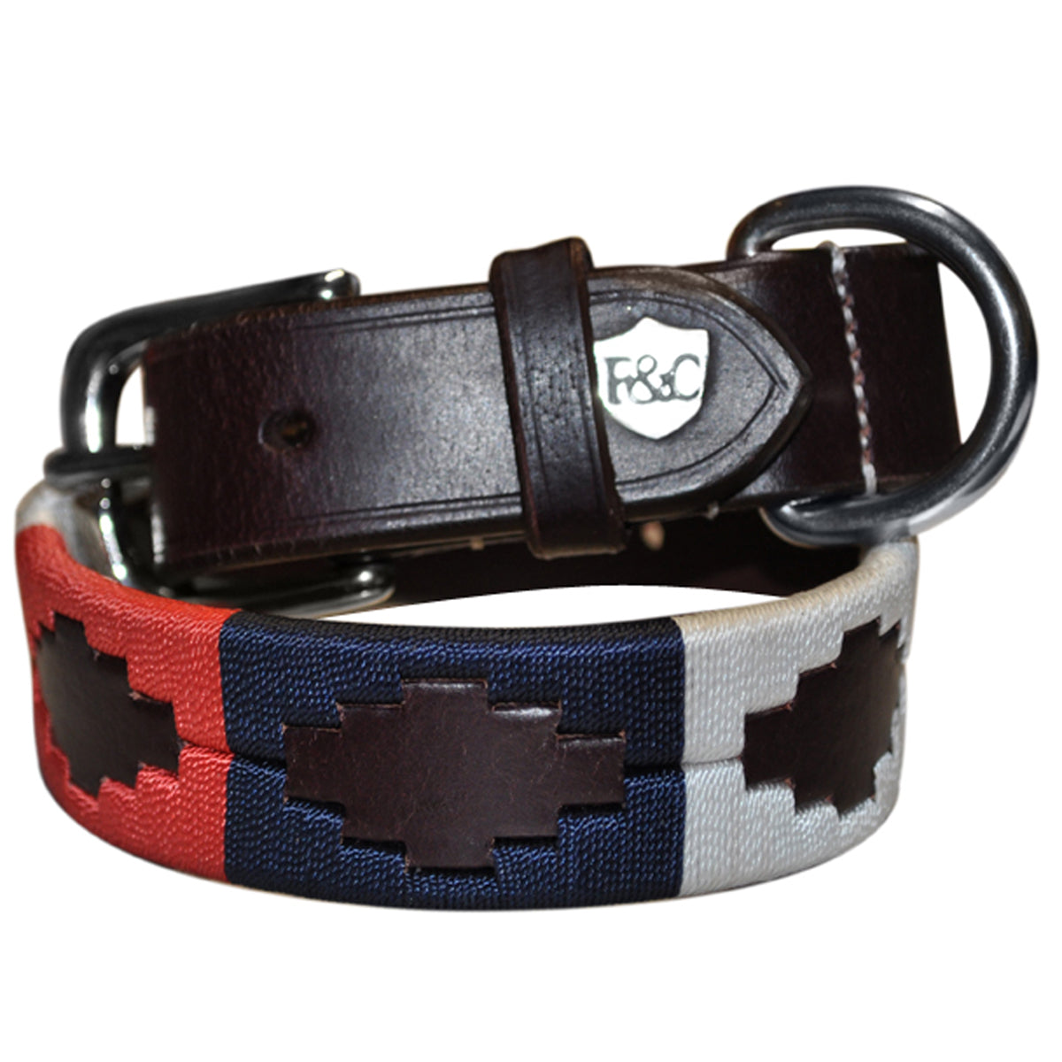 Collier pour chien en cuir brodé Flags&Cup Chukka marron bleu/blanc/rouge