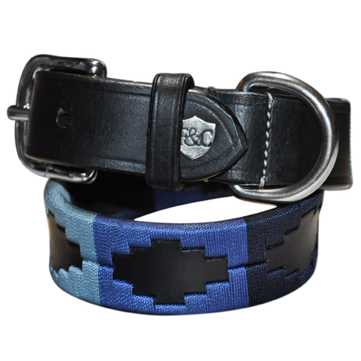 Collier pour chien en cuir brodé Flags&Cup Chukka noir bleu/bleu roi/marine