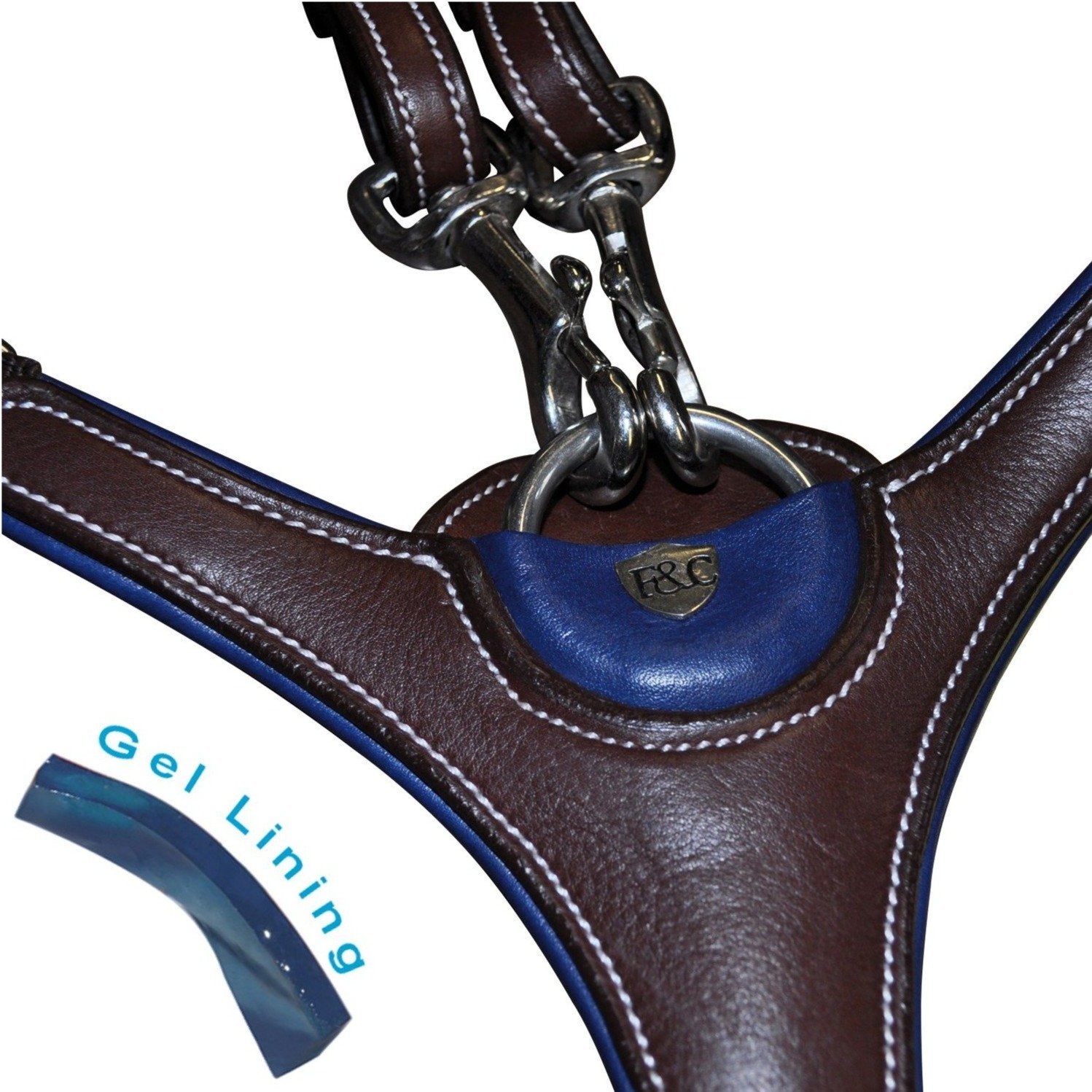 Détail du pad de poitrail doublé gel anti-chocs du collier de chasse Flags&Cup Paris marron et bleu