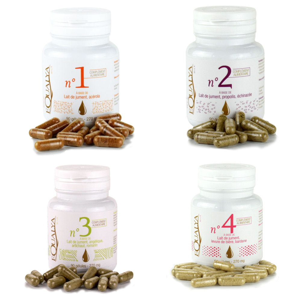 Les 4 compléments alimentaires Equalya au lait de jument 100% français et bio