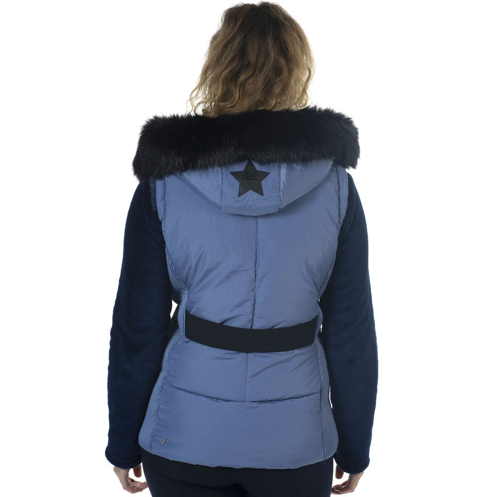 Doudoune sans manches avec capuche ornée de fourrure synthétique pour cavalières du XS au XL Flags and Cup Kenora bleu denim