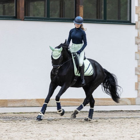 Bonnet anti-mouches pour poneys et chevaux HKM Monaco menthe porté avec le tapis de selle