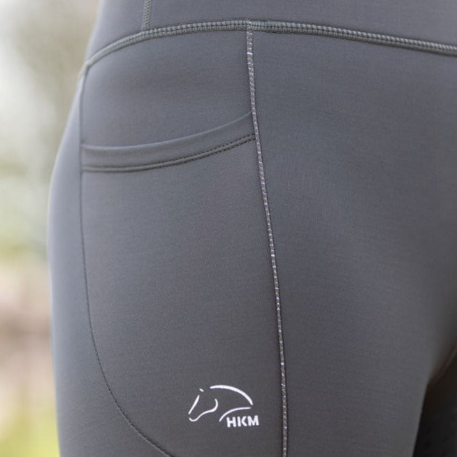 Legging d'équitation pour cavalières du 34 au 46 HKM Alice full grip vert olive détail lurex