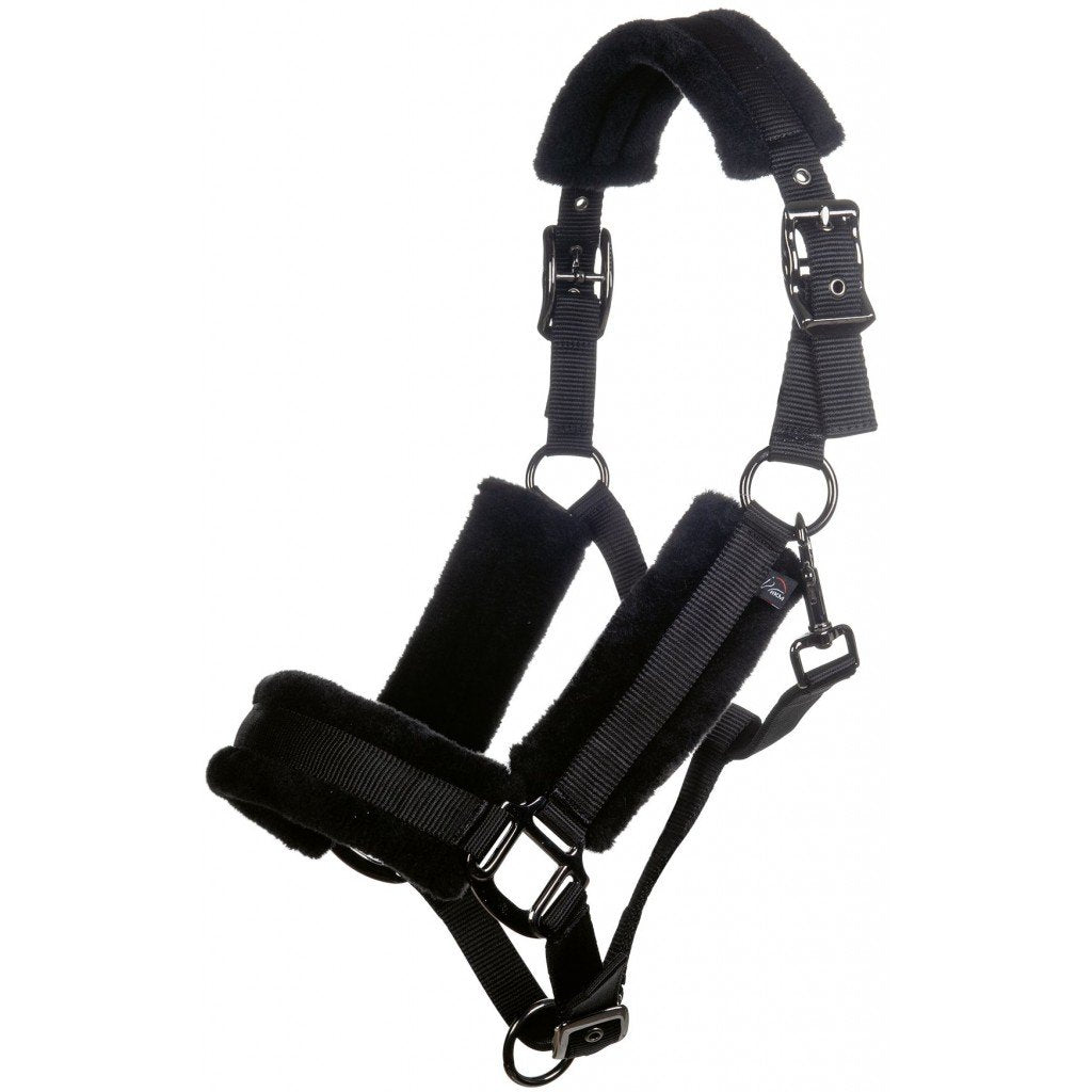 Licol doublé de mouton synthétique pour poneys et chevaux HKM Alaska noir