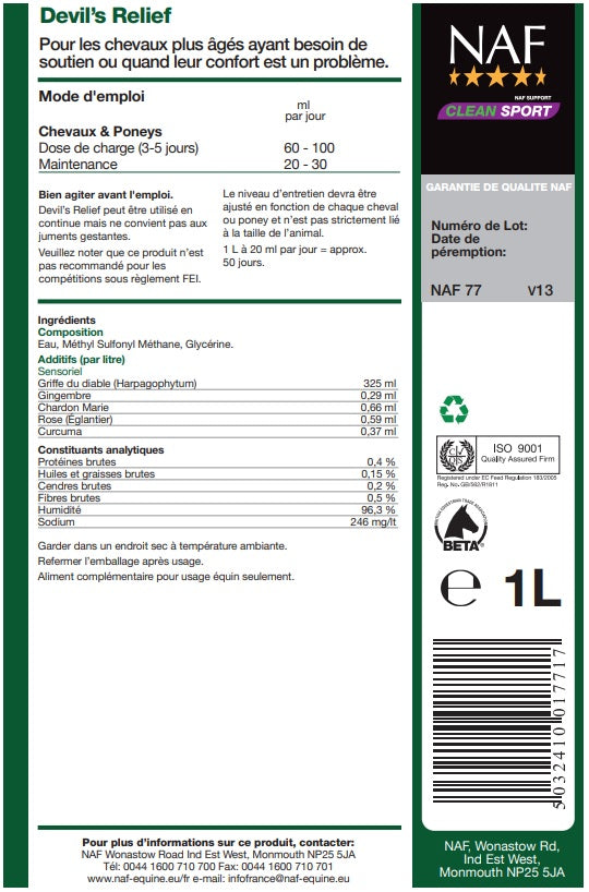 Soin des articulations et des zones douloureuses des poneys et chevaux Naf Devil's Relief+