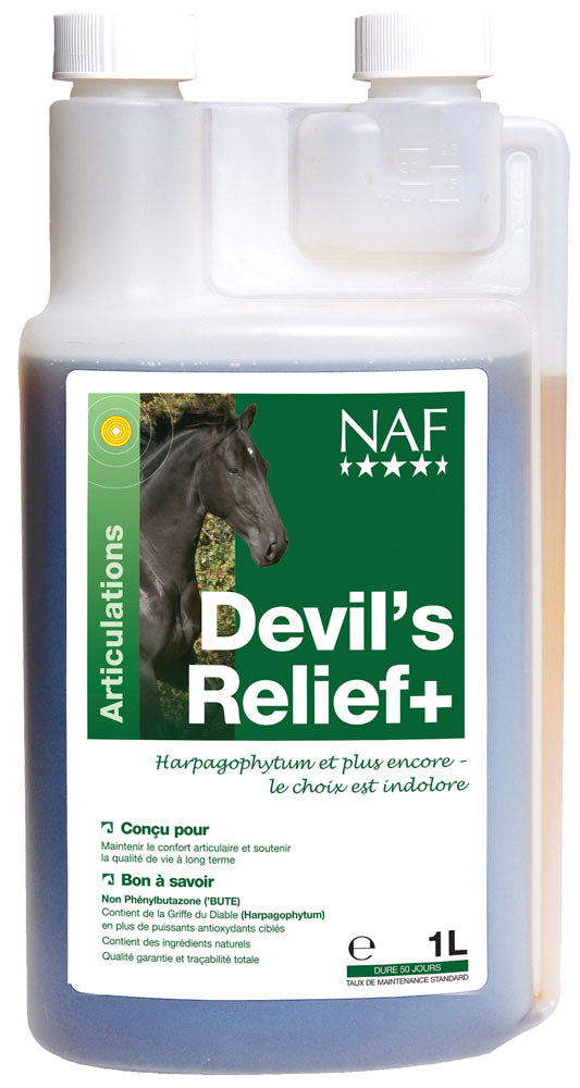 Soin des articulations et des zones douloureuses des poneys et chevaux Naf Devil's Relief+ liquide 1 L