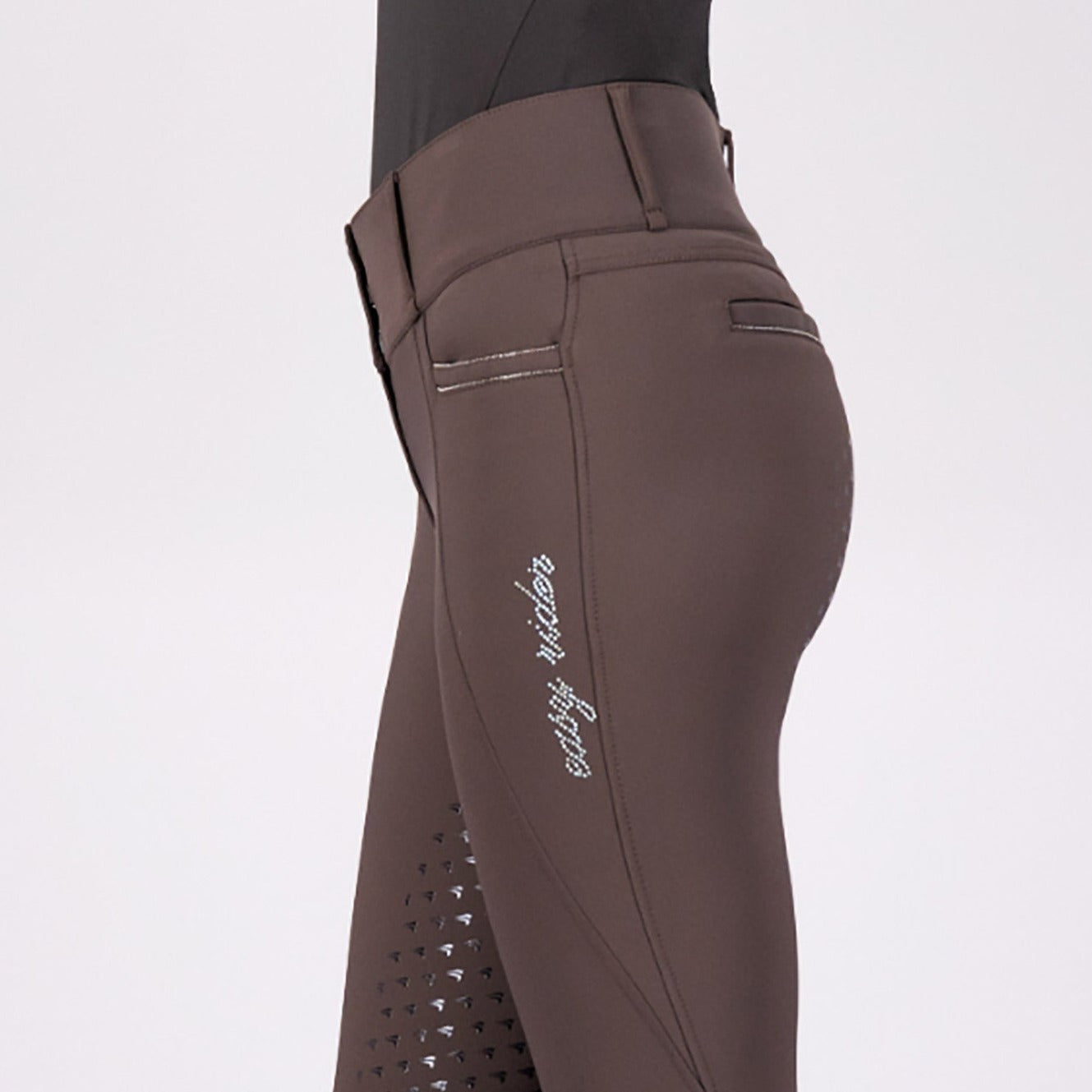 Pantalon d'équitation pour cavalières du 32 au 46 Easy Rider Amara full grip marron détail