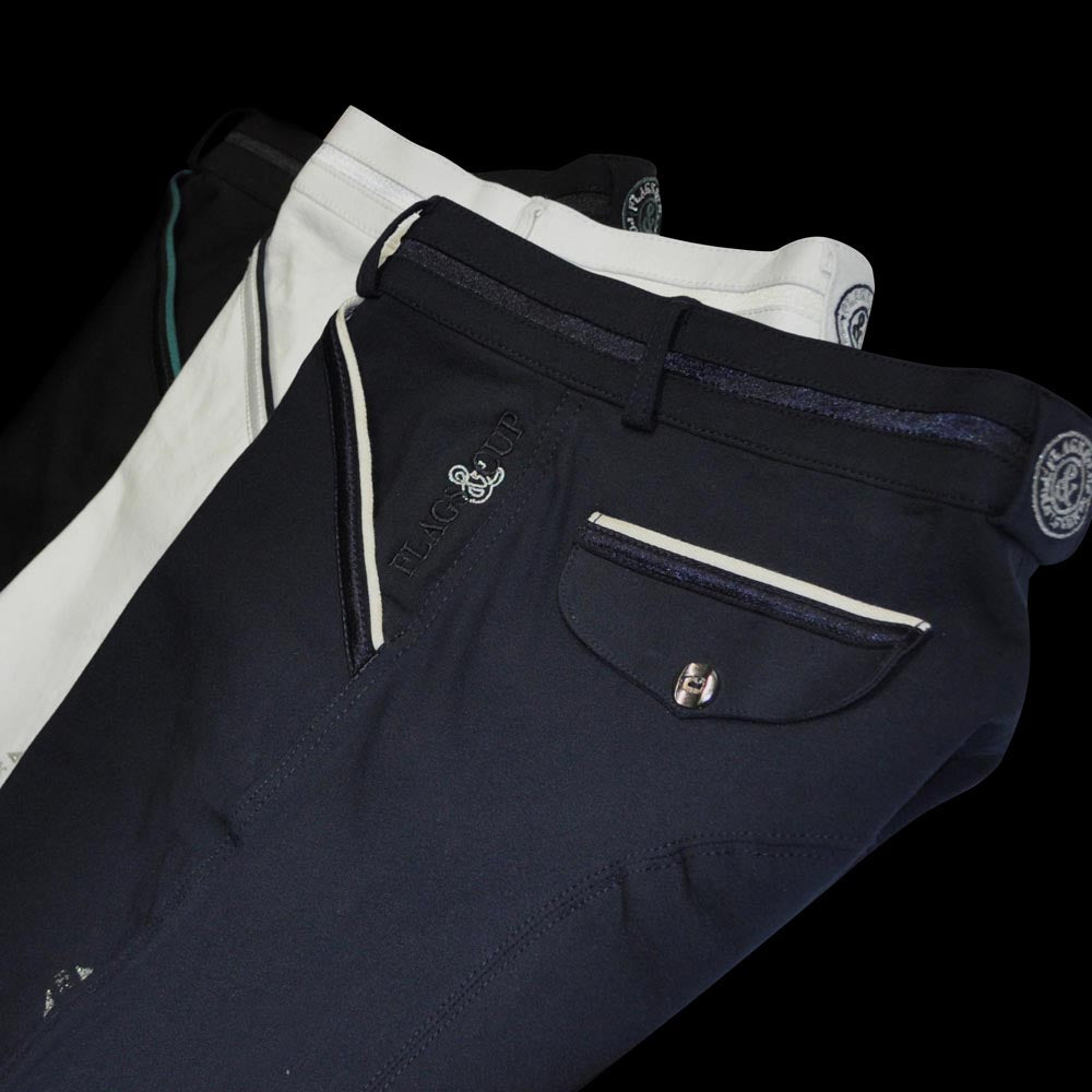 Pantalon d'équitation femme Flags&Cup Arola marine, noir, blanc noir porté