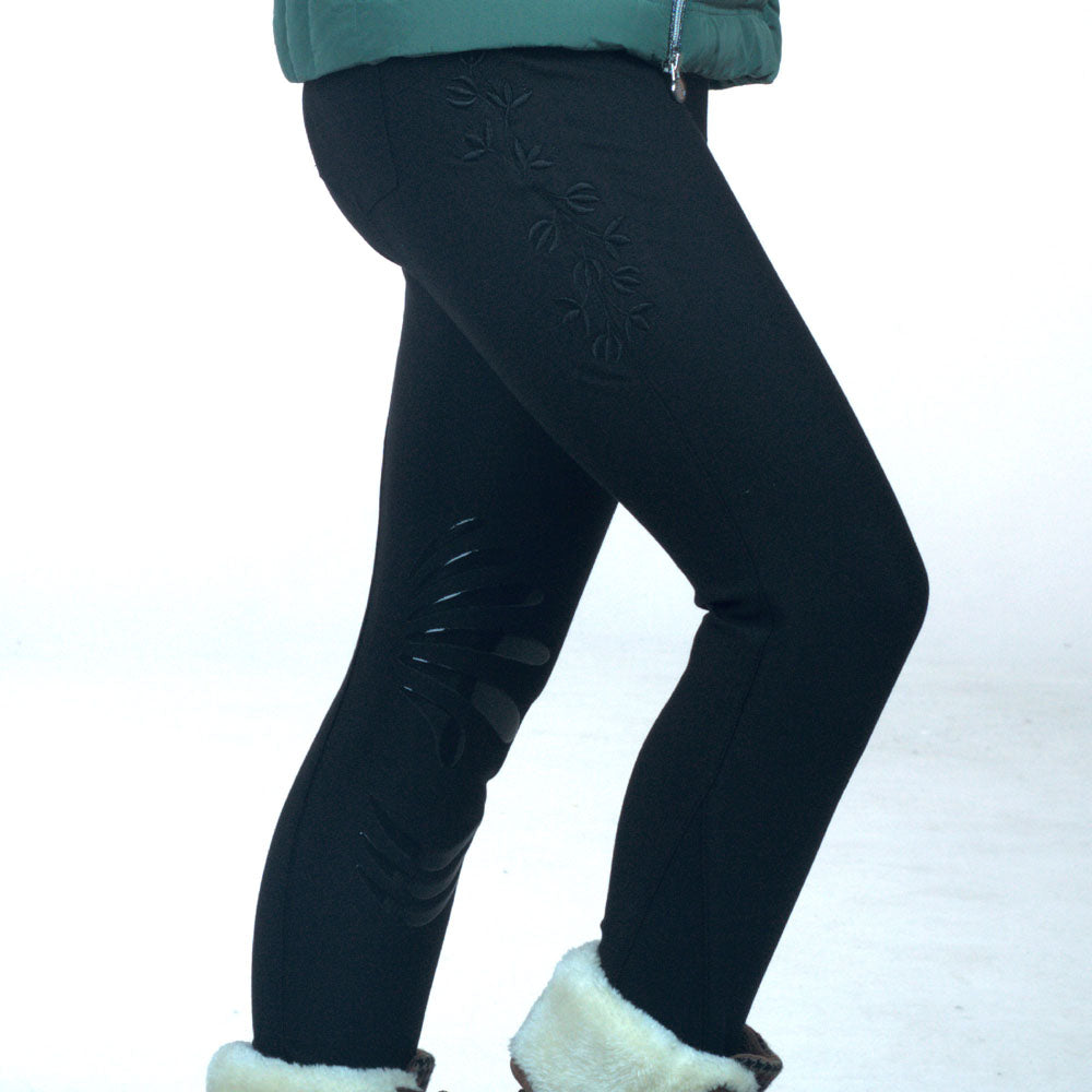 Pantalon d'équitation avec basanes en silicone pour cavalières Flags&Cup noir caviar détail broderie cuisse