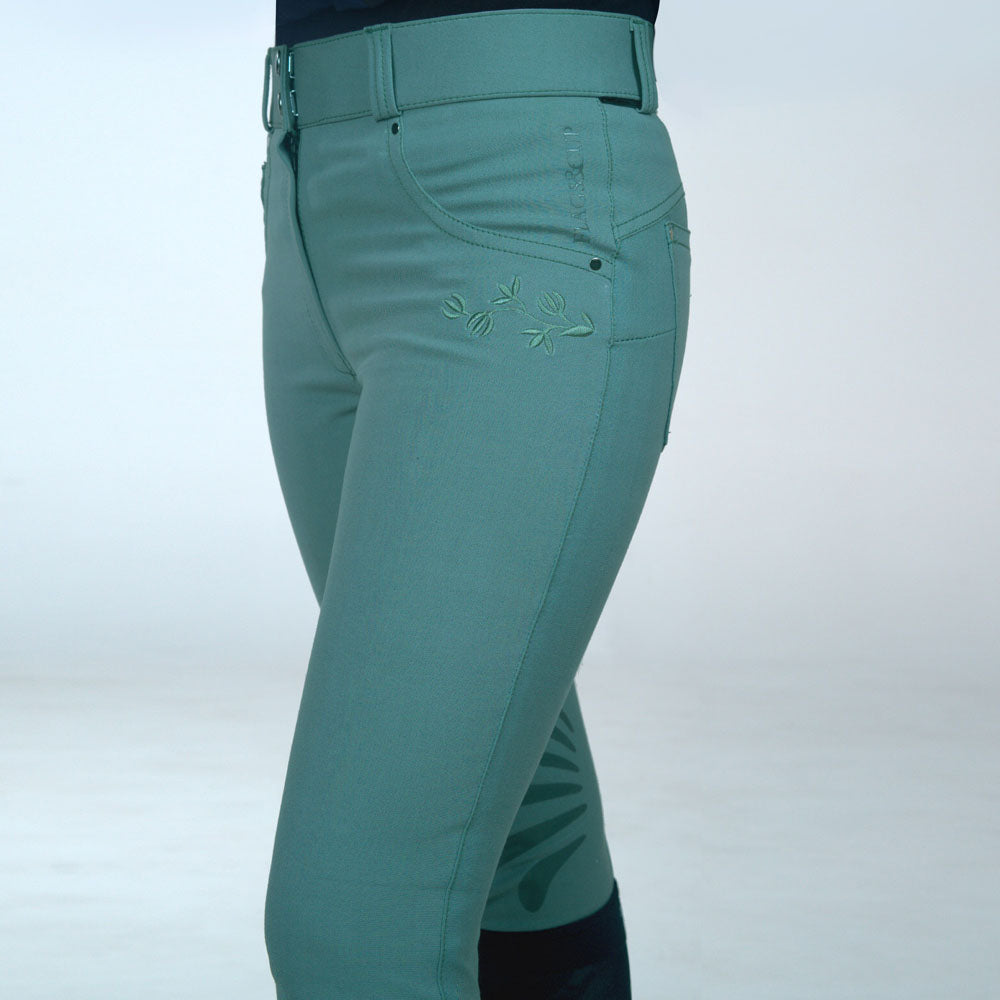 Pantalon d'équitation avec basanes en silicone pour cavalières Flags&Cup vert d'eau détail broderie sous poche