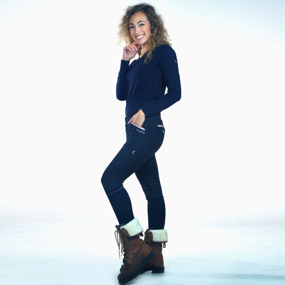Pantalon d'équitation avec basanes grip pour cavalières Flags&Cup Varena marineporté