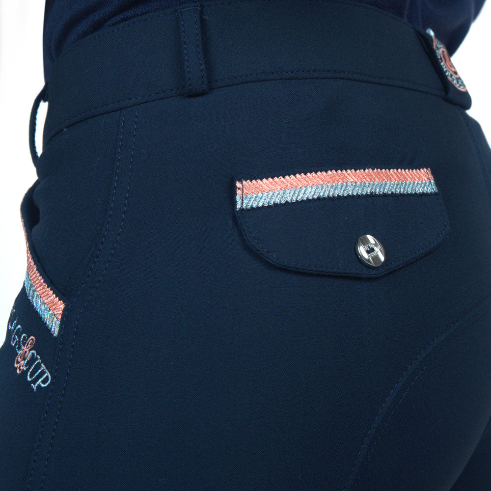 Pantalon d'équitation avec basanes grip pour cavalières Flags&Cup Varena marine détail