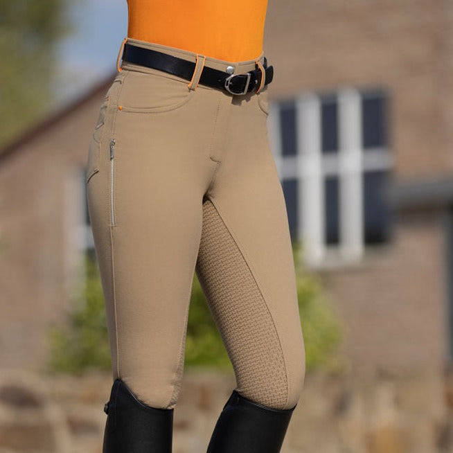 Pantalon d'équitation pour cavalières du 34 au 46 HKM Lyon full grip taille haute beige