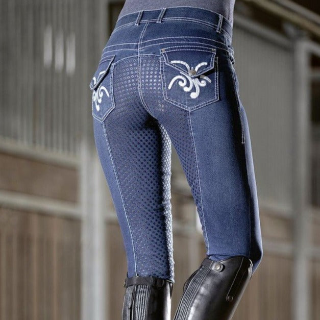 Pantalon d'équitation denim fond grip HKM Pasadena du 34 au 48