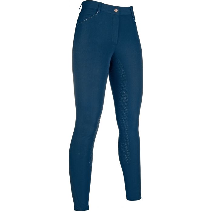 Pantalon d'équitation full grip pour cavalière HKM Glamour marine avec détails rosegold