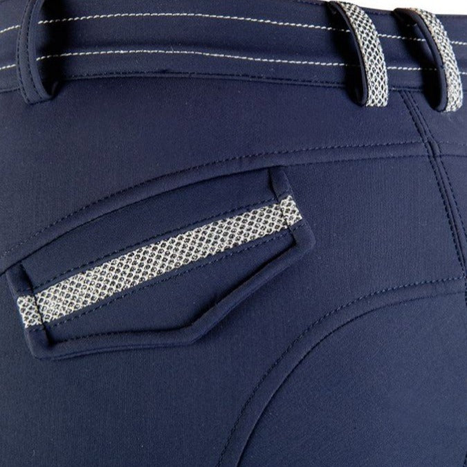 Pantalon d'équitation en softshell doublé polaire pour cavalières HKM Elégance marine détail poche