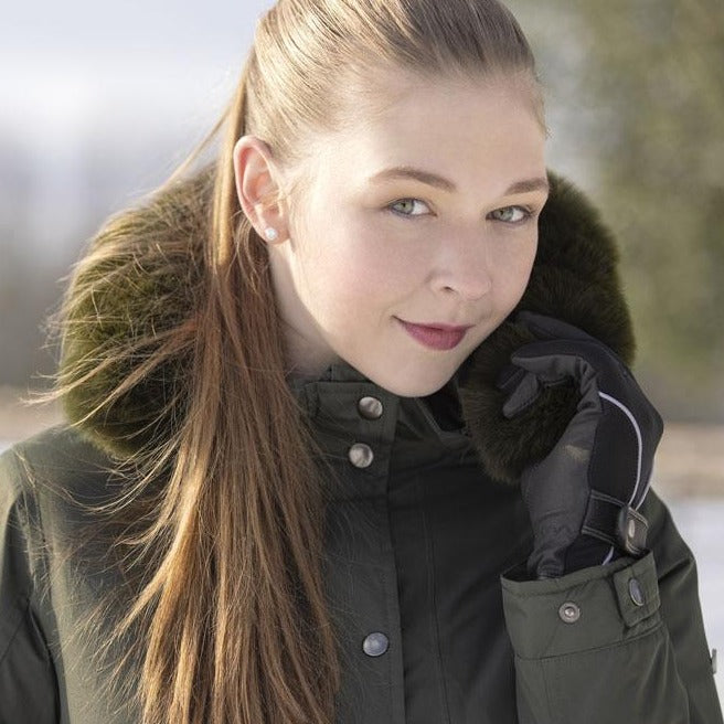 Parka longue doublée de fourrure synthétique pour cavalières HKM Eaton vert foncé détail