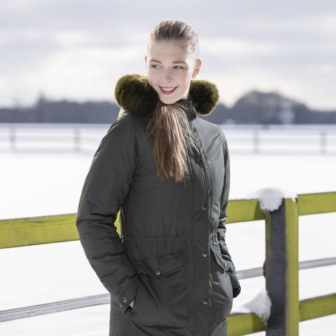 Parka longue doublée de fourrure synthétique pour cavalières HKM Eaton vert foncé