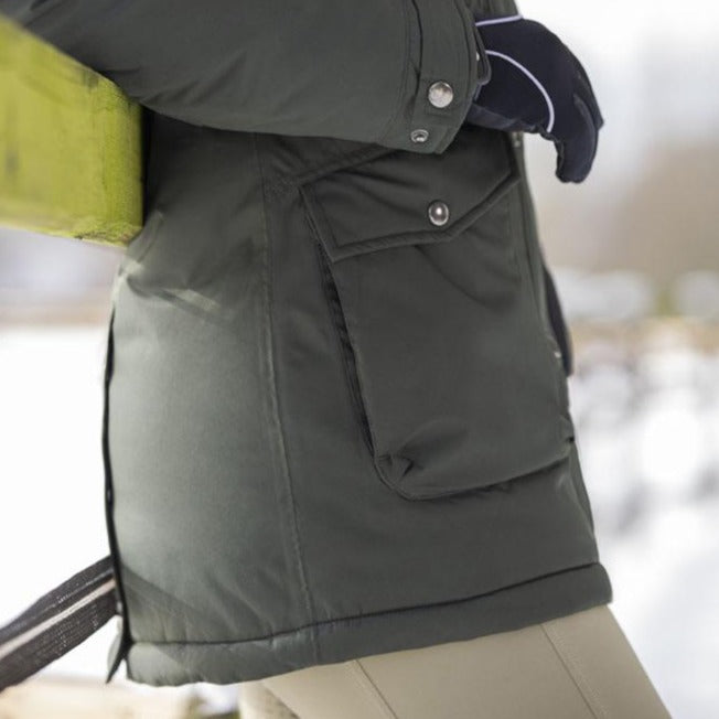 Parka longue doublée de fourrure synthétique pour cavalières HKM Eaton vert foncé détail