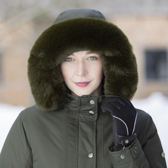 Parka longue doublée de fourrure synthétique pour cavalières HKM Eaton vert foncé détail capuche