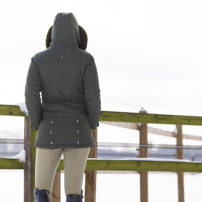 Parka longue doublée de fourrure synthétique pour cavalières HKM Eaton vert foncé vue de dos
