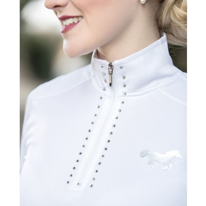 Détail de la fermeture du polo de concours pour cavalière HKM Mesh blanc