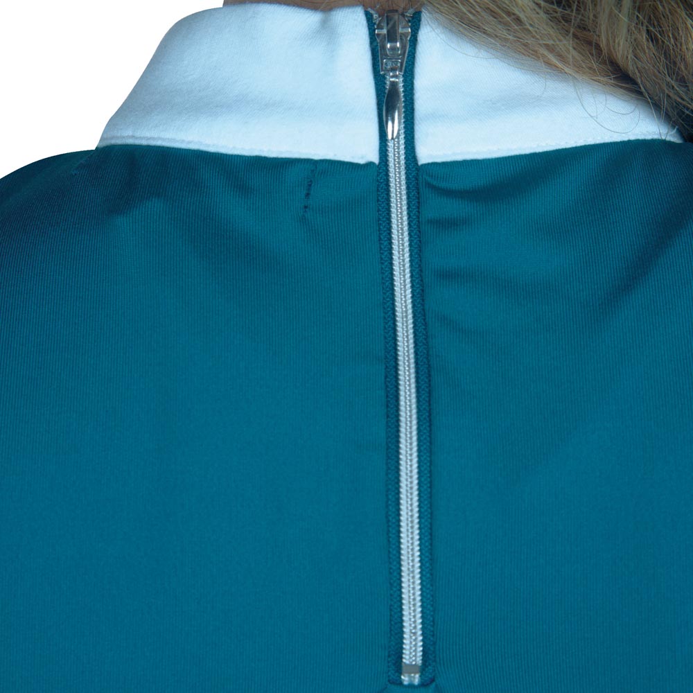 Polo de concours à manches courtes pour cavalières Flags&Cup Cassia bleu émeraude détail zip