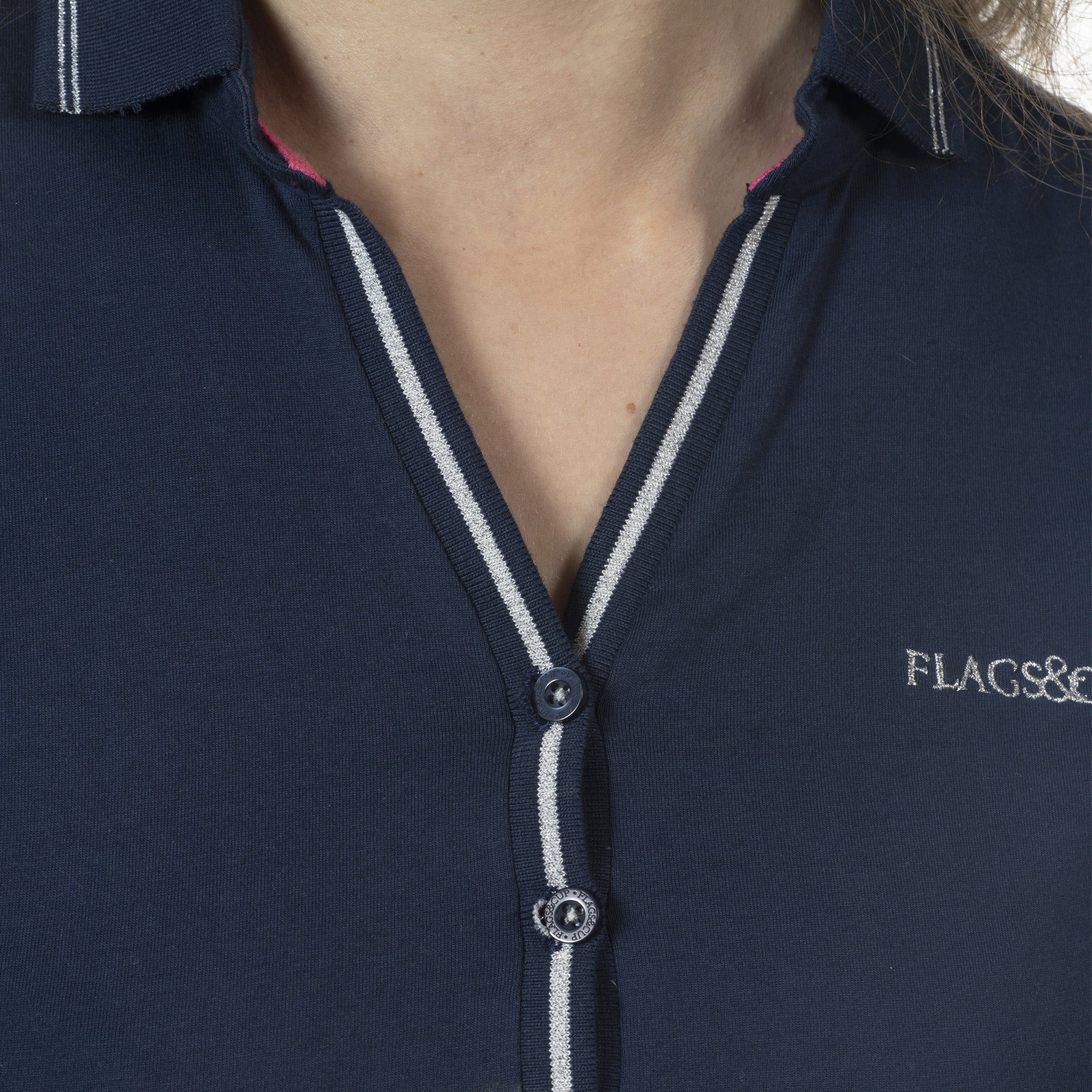Polo à manches courtes pour femmes du XXS au XXL Flags and Cup Rosa marine détail col