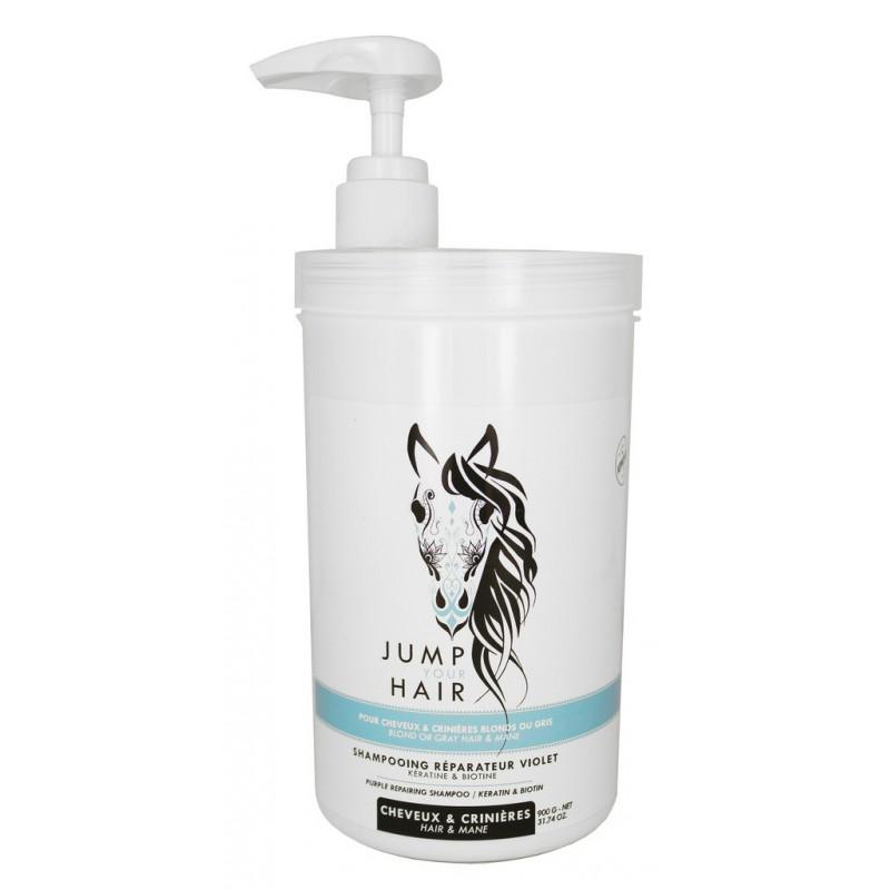 Shampooing réparateur Violet Jump Your Air pour cheveux et crins gris et blonds en flacon-pompe de 900 grs