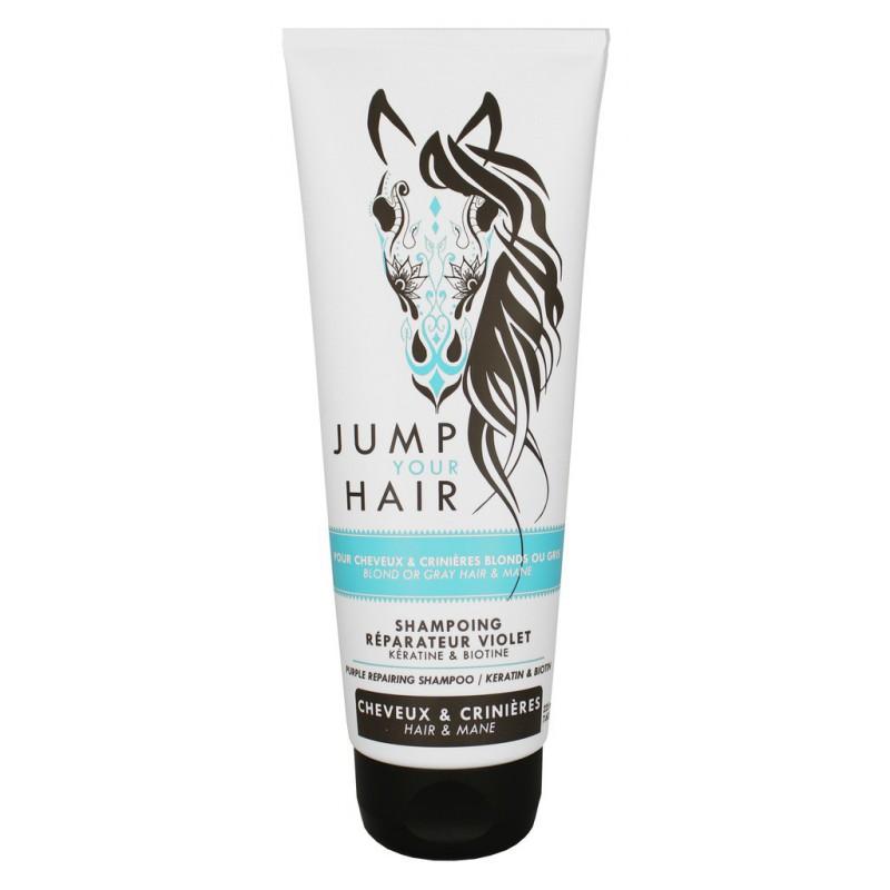 Shampooing réparateur Violet Jump Your Air pour cheveux et crins gris et blonds en tube de 225 ml