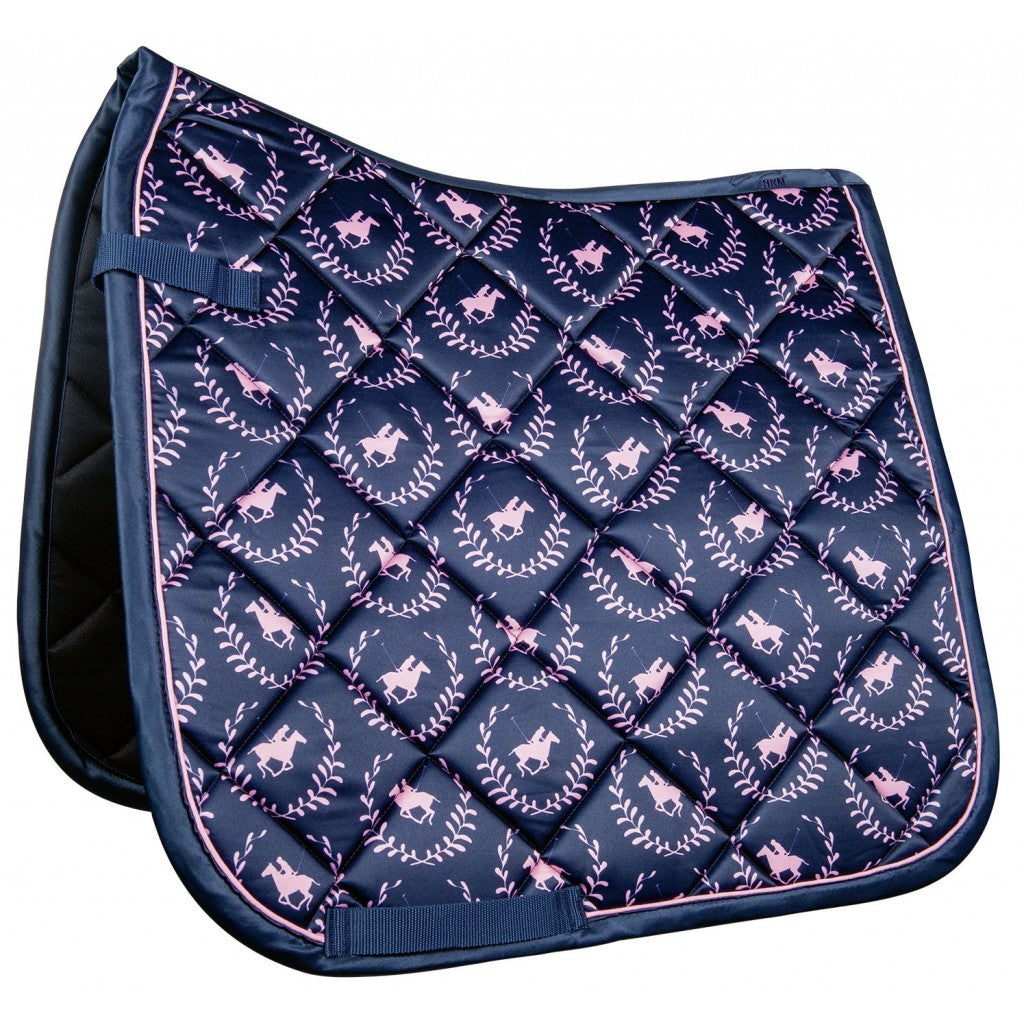 Tapis de selle pour poneys et chevaux HKM Classic Polo Allround marine porté modèle dressage