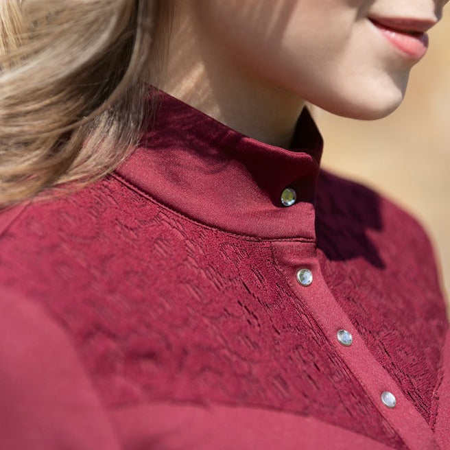 Tee-shirt technique à manches longues pour cavalières du XS au XXL HKM Berry rouge cerise détail haut de poitrine