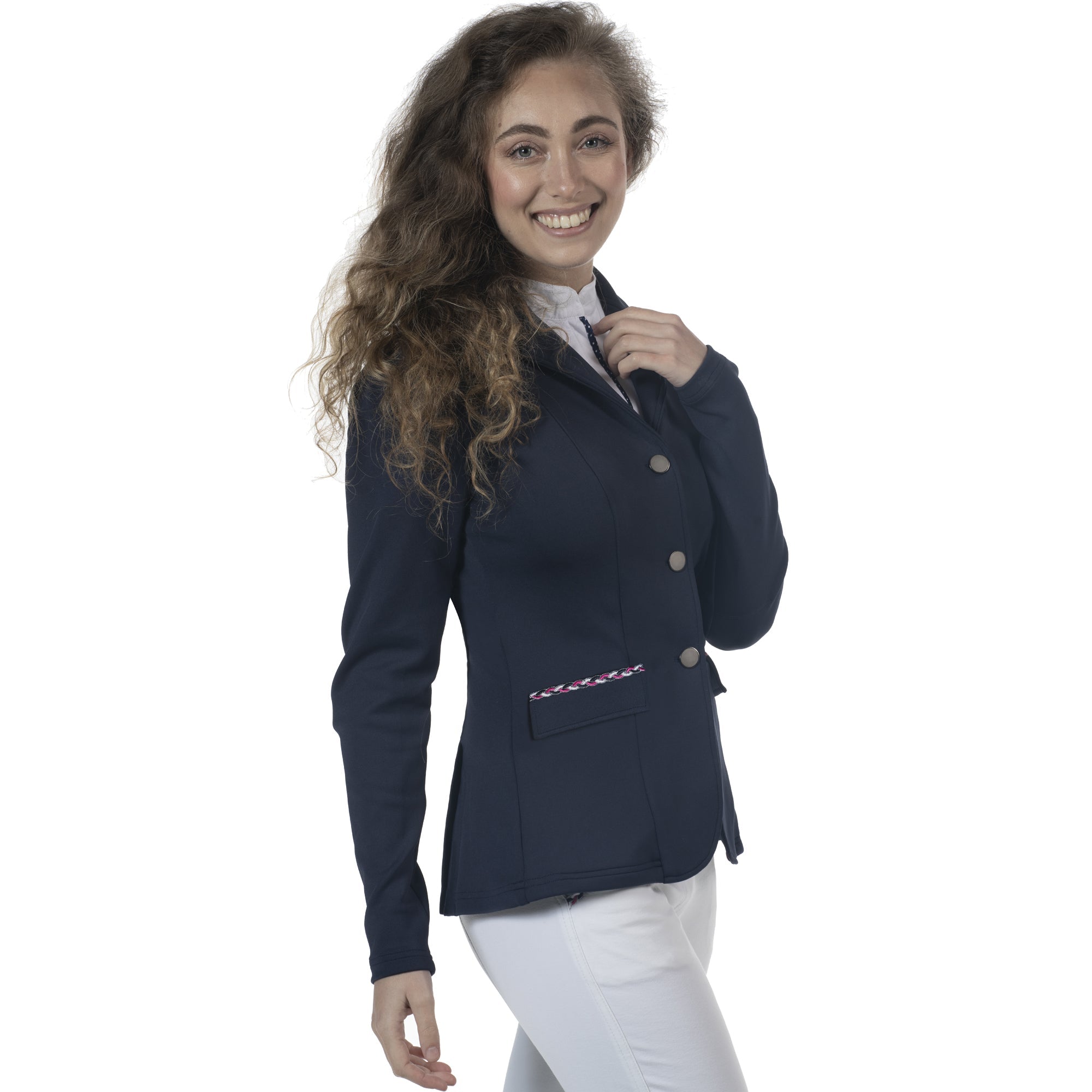 Veste de concours pour femmes du 34 au 44 Flags and Cup Paloma marine et galon fuchsia