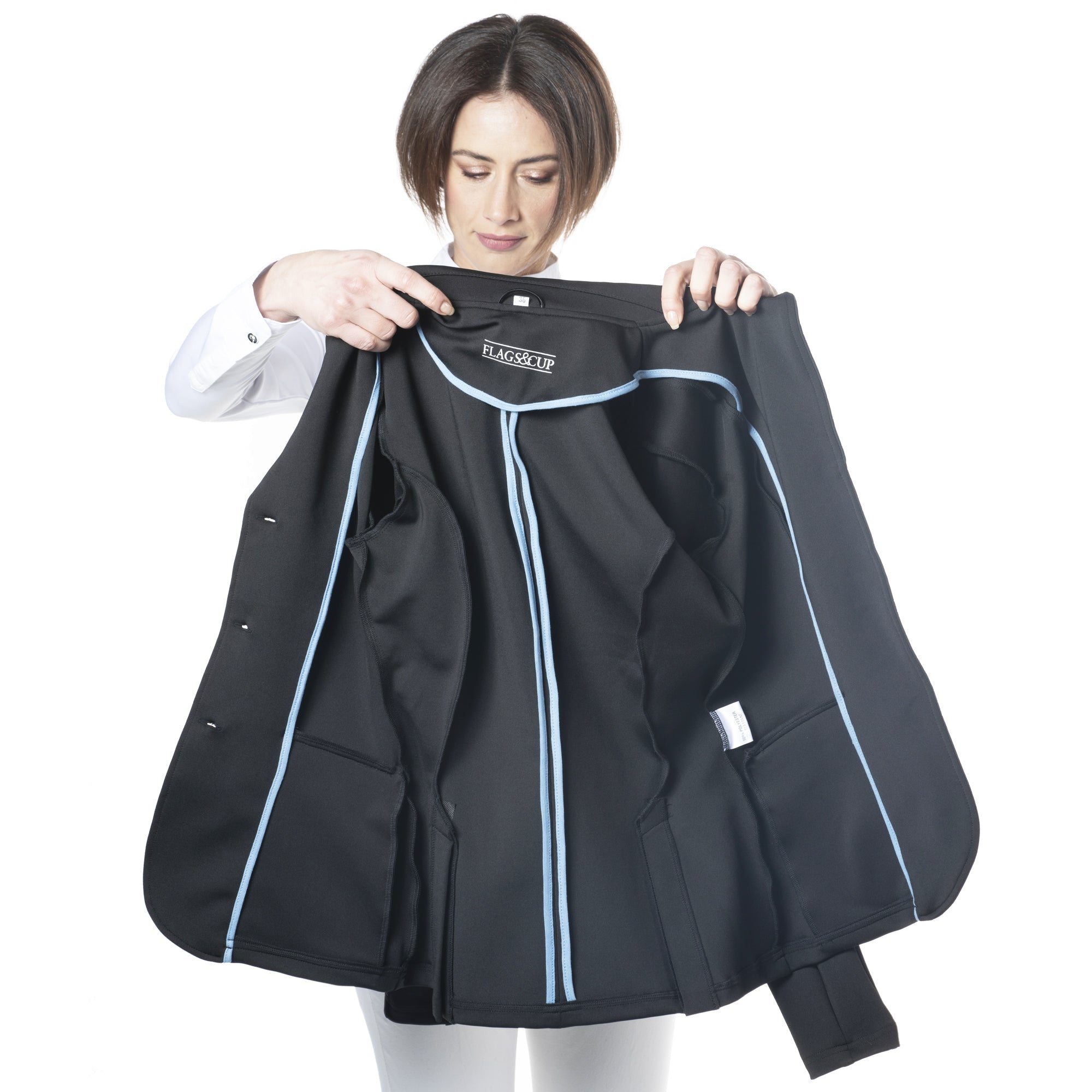 Veste de concours pour femmes du 34 au 44 Flags and Cup Paloma noire et galon bleu intérieur
