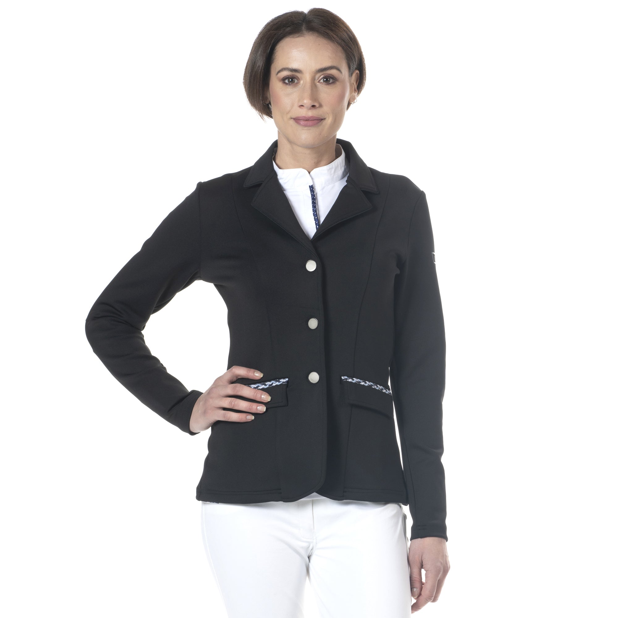 Veste de concours pour femmes du 34 au 44 Flags and Cup Paloma noire et galon bleu