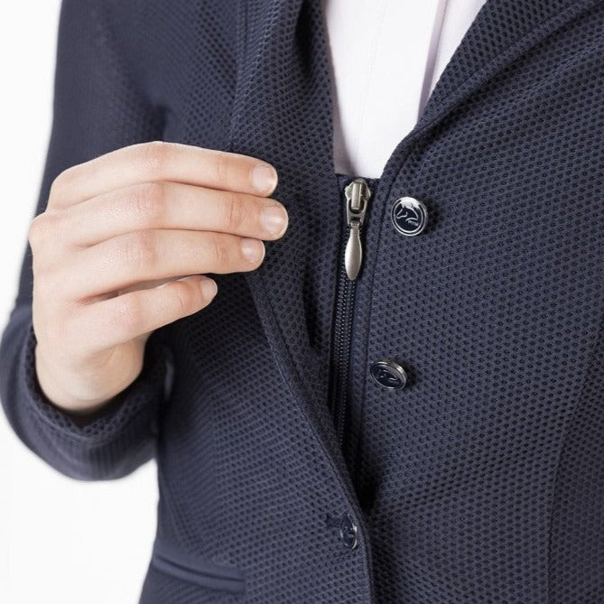 Veste de concours pour cavalières HKM Mesh Linda marine du 34 au 46 détail zip sous boutonnière