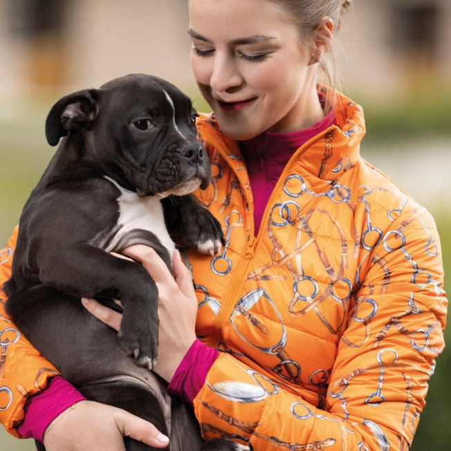 Veste matelassée légère pour femmes du XXS au XL HKM Allure orange à motifs portée